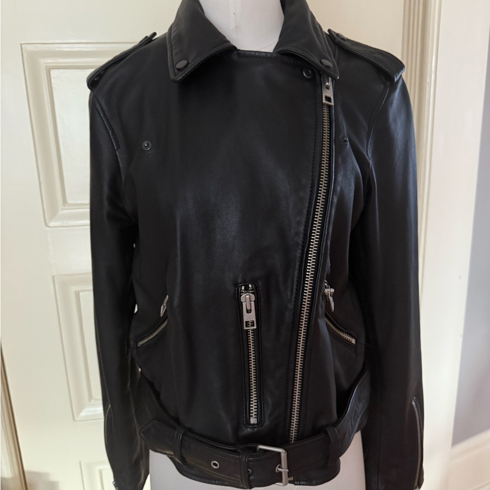 AllSaints black leather moto jacket size 10 - Picture 2 of 4